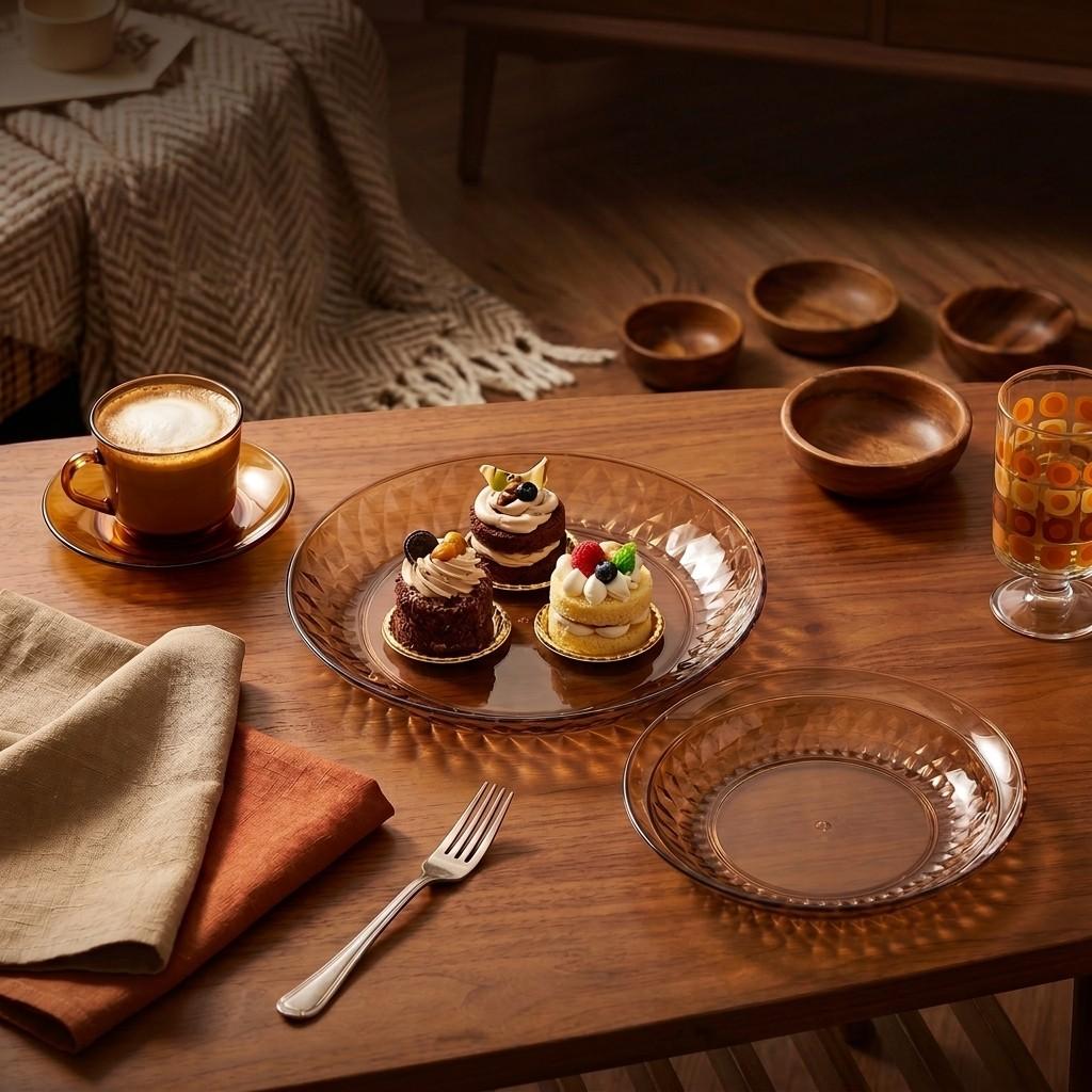Reusable Plastic Plates Amber PET Dessert Appetizer Serving Dishes Kitchen Tableware Stackable Snack Food Fruit Platter Picnic