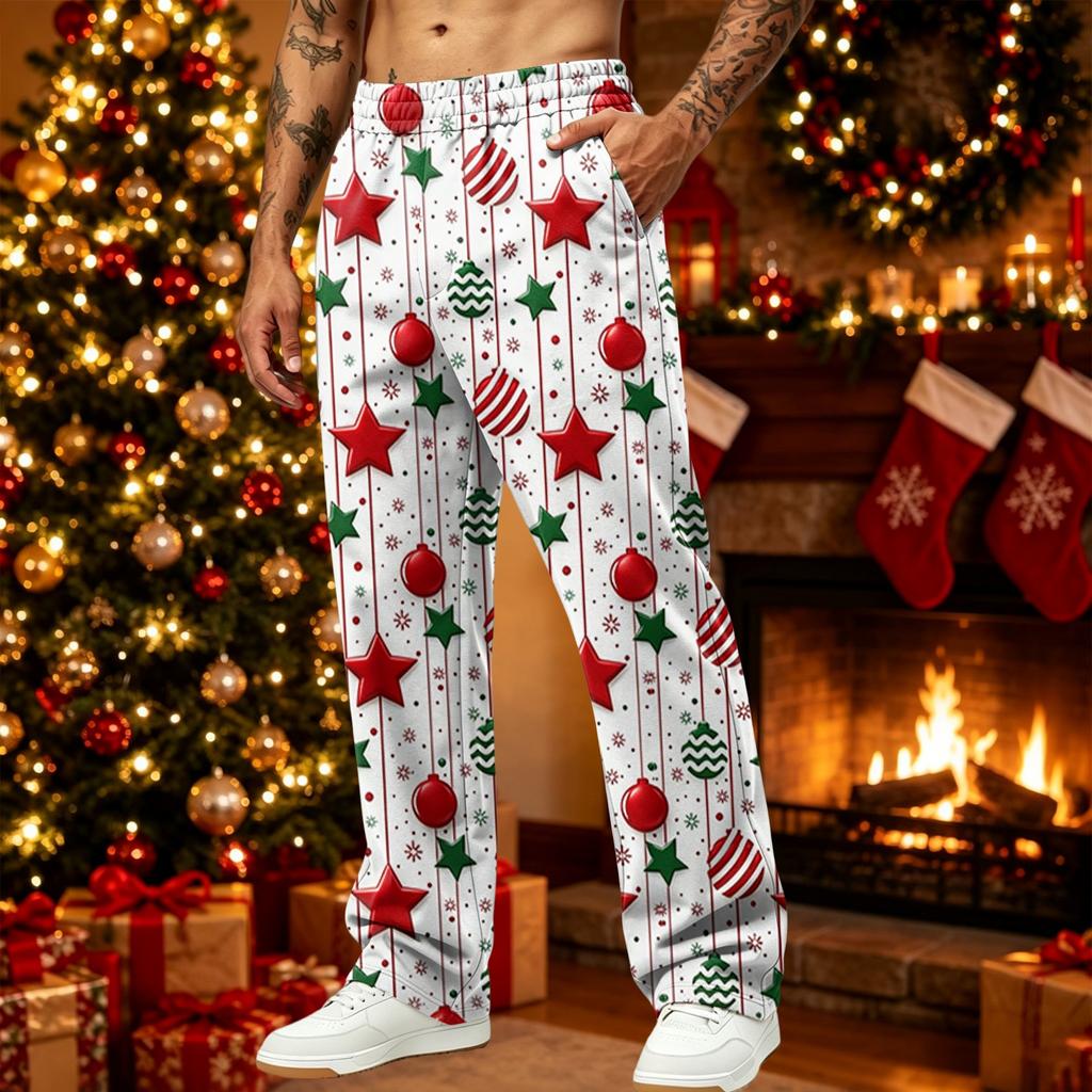 Men's Loose Fit Christmas Print Casual Pants with Pockets for Holiday Daily Wear