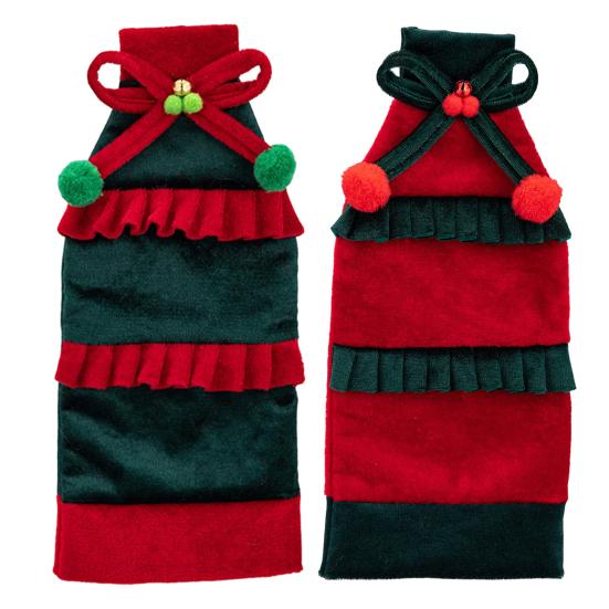 Cute Wine Bottle Costumes Christmas Cover with Bow & Pom Pom, Drawstring Red Gift Wrapping Supplies Green Wrap for Holiday Table Decor, Party