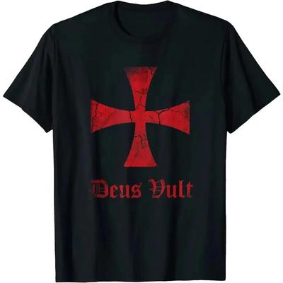 2025 Deus Vault Tričko s potiskem kříže templářských rytířů Každodenní volný módní pohodlný unisex s krátkým rukávem ležérní křižácký top