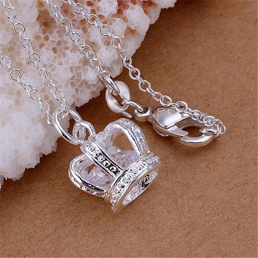 

Popular Woman 925 Sterling Silver Crystal Diamond Crown Pendant Necklace Holiday Gift High Quality Wedding Party Brands Jewelry 40cm