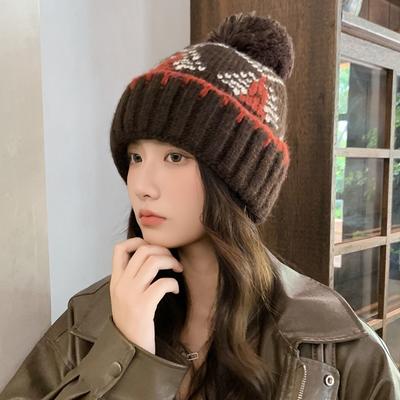 Nová Podzimní a Zimní Korejský Styl Fair Isle Styl Pletená Čepice pro Ženy Retro Obličej Ukazující Malá Kulich Teplá Vlněná Čepice