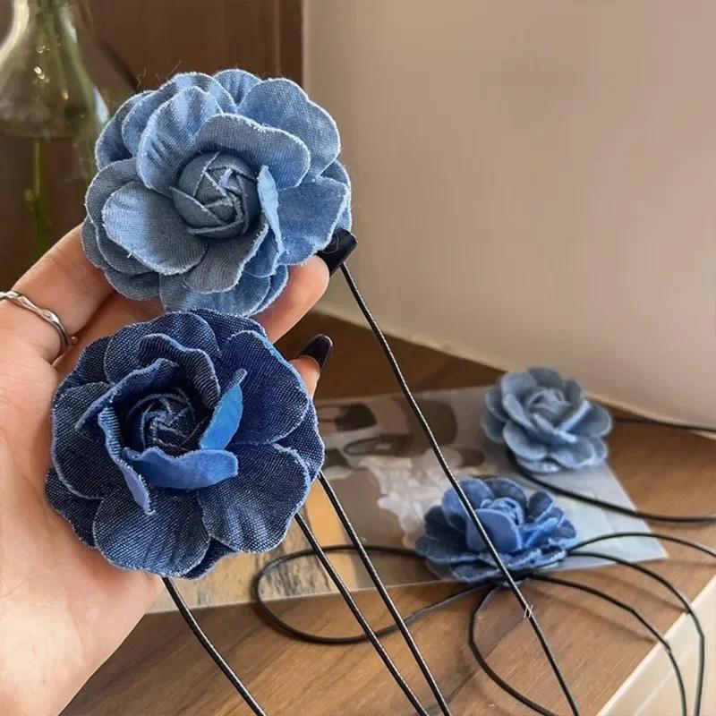 Collier ras du cou tendance avec pendentif en forme de fleur et de rose pour femme, chaîne de clavicule, en jean, réglable, corde cirée, style Y2K