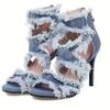 Open Toe Denim Women's Sandals Ankle Strap Stiletto Peep Toe Cutout Zipper High Heels Sandals Casual Daily Shoes Plus Size 43