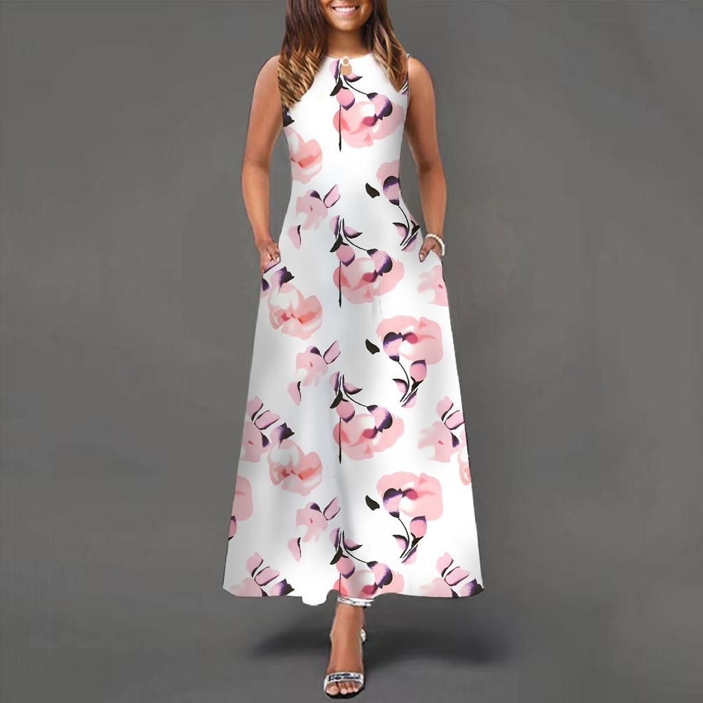Women's Casual Printing Big Hem Dresswave Round Neck Sleeveless Long Dress