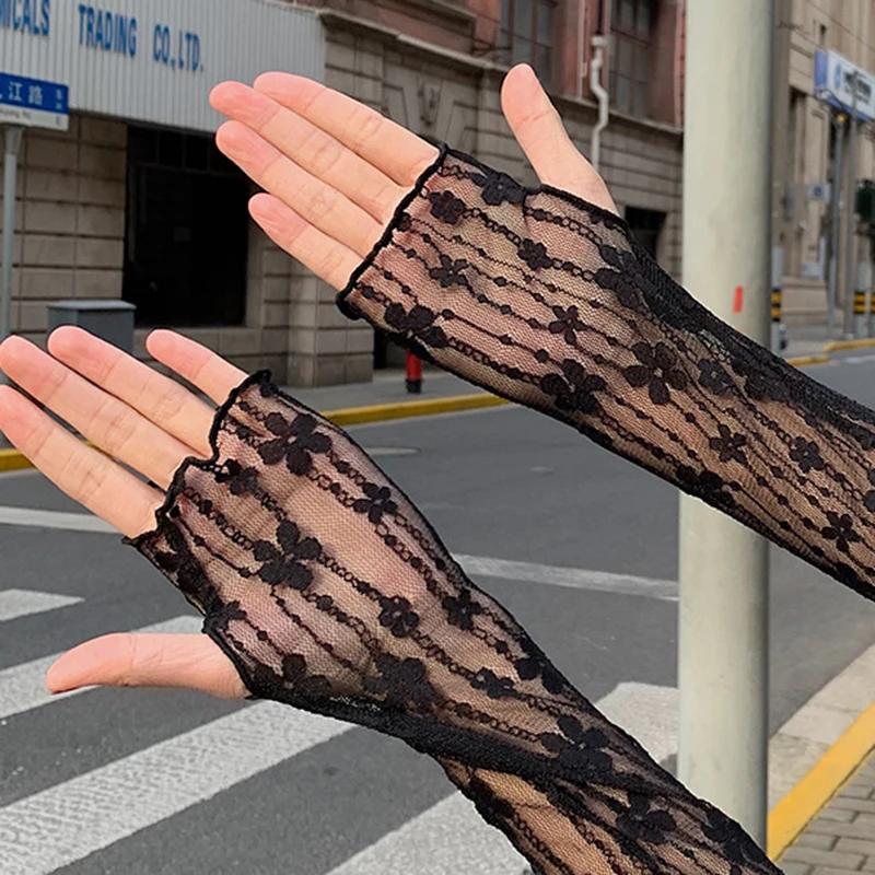 Fashion Long Lace Gloves Hollow-Out Fingerless Glove Women Sun Protection Sleeves Mesh Lace Thin Hand Cycling Gloves Gym Gloves