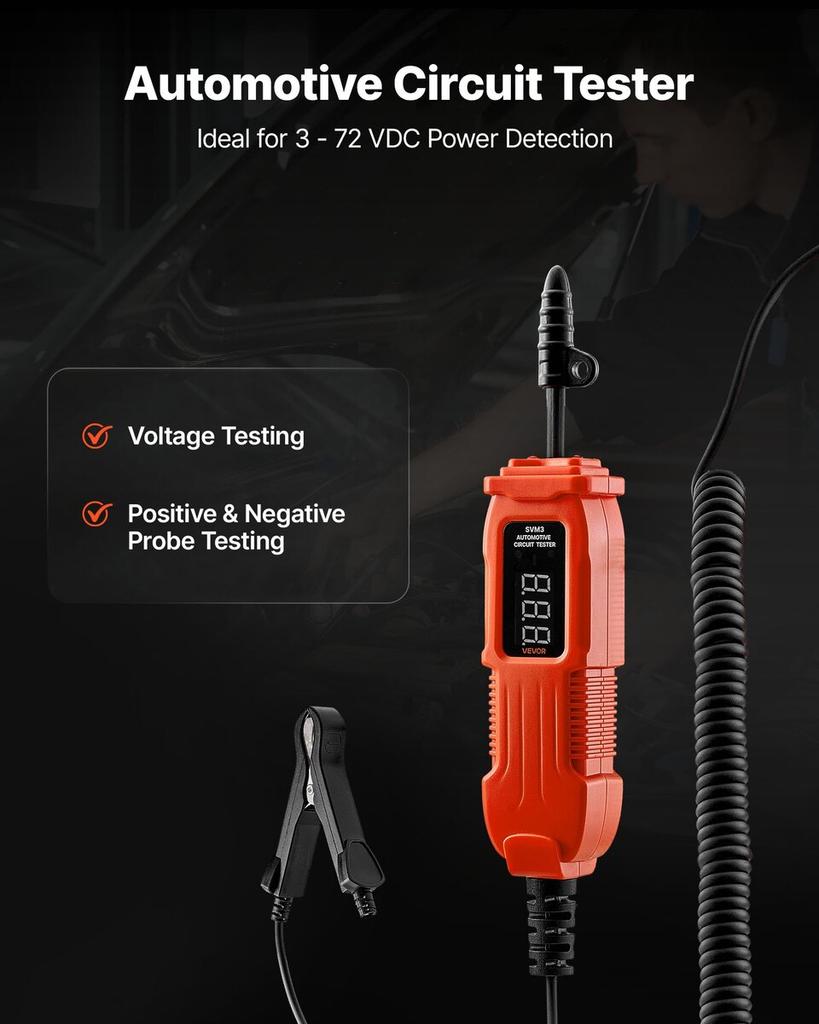 Automotive Circuit Tester, 3 - 72 DCV Power Circuit Probe Tester with LED Screen and Lighting, Automotive Power Tester Probe with 11.5 ft / 3.5 m