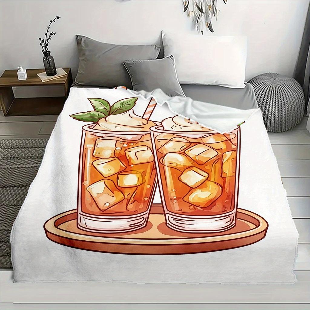 1pc Cozy Flannel Blanket with Refreshing Beverage Print – Soft, Warm, and Versatile for Home, Office, Camping, or Beach – Perfec