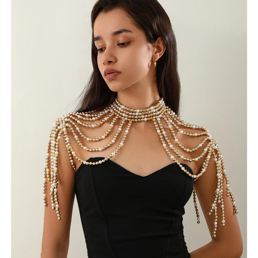 Accessories Fashion Temperament Multi-layer Imitation Pearl Tassel Shoulder Chain Dress with Clothing Body Chain Chest Chain