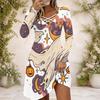 Women Criss Cross V Neck Long Sleeve Halloween Ghost Pumpkin Printed Curved Hem White Dress