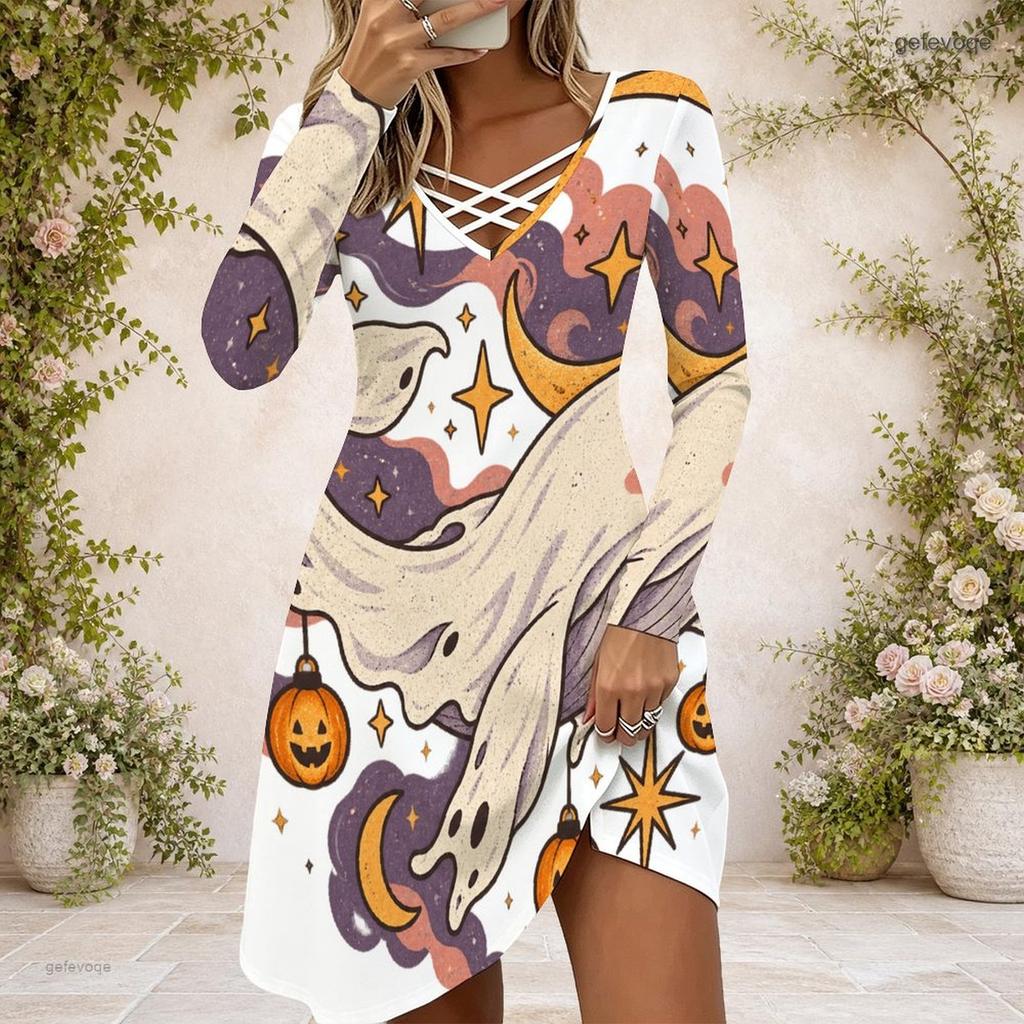 Women Criss Cross V Neck Long Sleeve Halloween Ghost Pumpkin Printed Curved Hem White Dress