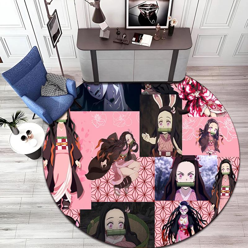 Classic Japanese-style Cartoon Demon Slayer Round Rug, Home Soft Decorative Anti-slip Yoga Mat and Chair Mat, Outdoor Floor Mat Carpet K24