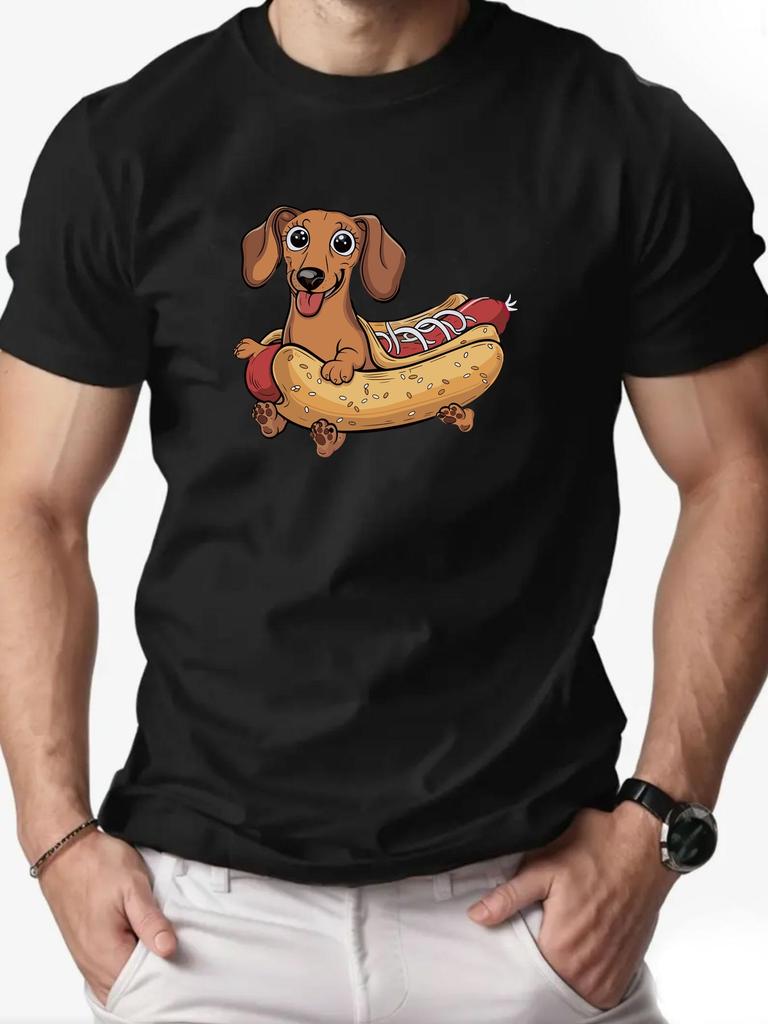 ZX Summer Mens Casual Summer Cartoon Sausage Dog Hot Dog Pattern Tshirt  Lightweight and Breathable Round Neck Top Adult Style
