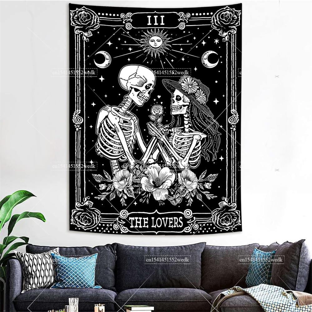 Vintage Der Liebende Wandbehang Wandteppich Skelett Blumen Tarotkarte Wandteppich Astrologie Ästhetik Zimmer Dekorative Party Hintergründe