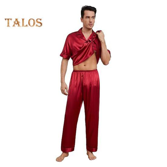 

2 шт./компл. шелковый атласный мужской пижамный комплект с воротником-стойкой на пуговицах, верх пижамы с нагрудным карманом, эластичный пояс, комплект одежды для сна S вино красного