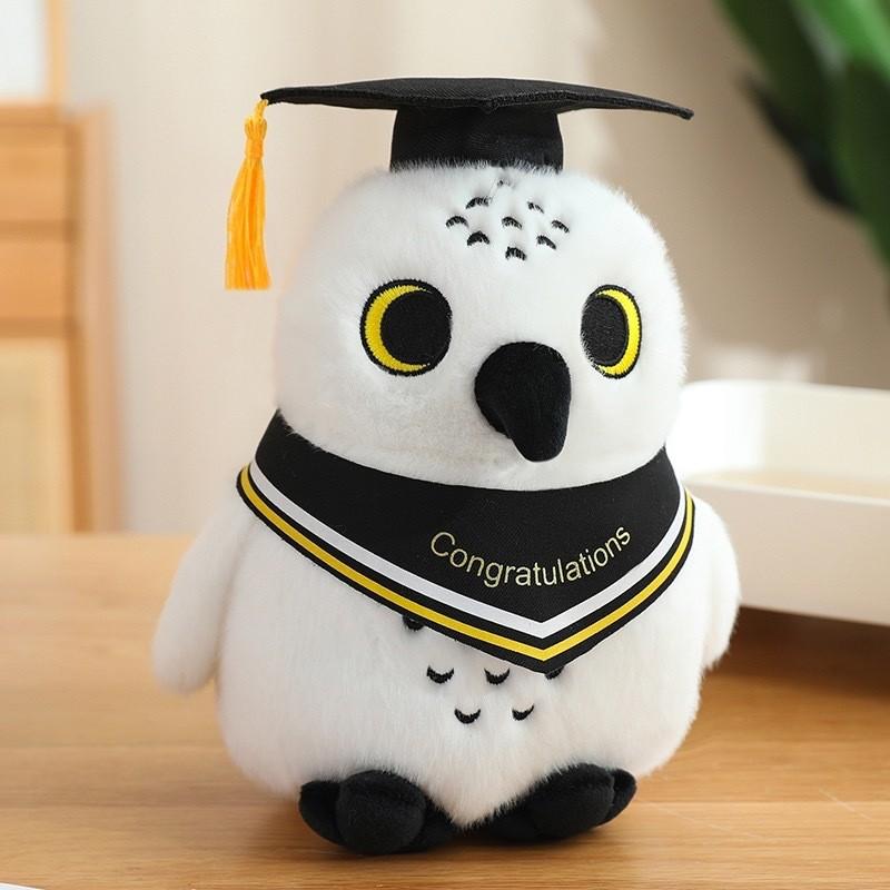 Plush Graduation Owl Toy  Doctoral Cap Embroidered Logo Academic Gift Keepsake