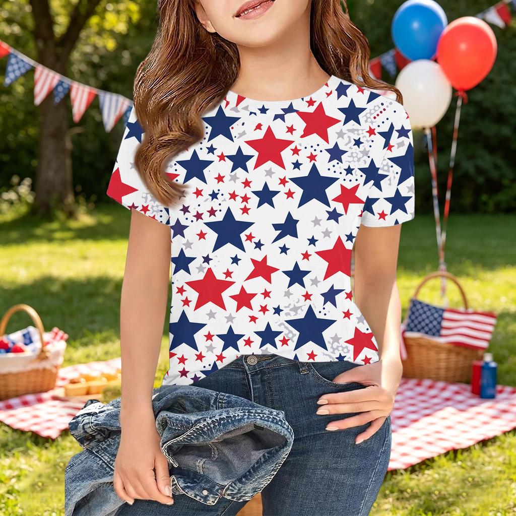 Girls Short Sleeve T Shirt Independence Day Printed Top Star Pattern Casual Tee Shirt for Kids Comfortable Fit Soft Fabric
