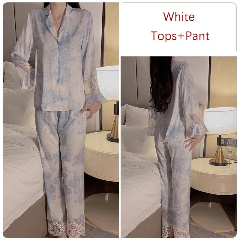 

Женский пижамный комплект, новый китайский стиль, классический кружевной атласный принт, женские топы и штаны, пижамный комплект для дома XL белый