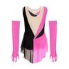 Kids Girls Latin Dance Figure Skating Leotard Sleeveless Mesh Patchwork Shiny Rhinestone Color Block with 1 Pair Gloves Competition Stage Performance