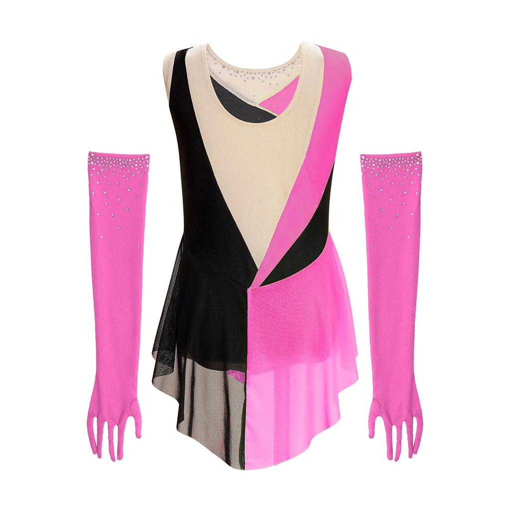 Kids Girls Latin Dance Figure Skating Leotard Sleeveless Mesh Patchwork Shiny Rhinestone Color Block with 1 Pair Gloves Competition Stage Performance
