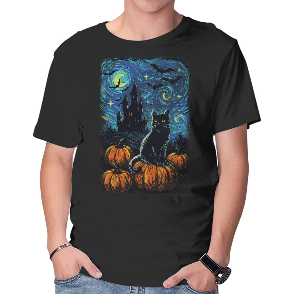 Unisex Crew Neck T-Shirt Halloween Starrynight Graphic Short Sleeve Casual Tee XS