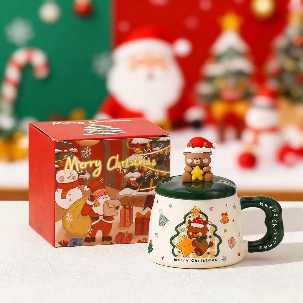 New Christmas Ceramic Cup with Lid Gift Box Cartoon Mug Cute Gingerbread Man Water Cup Set
