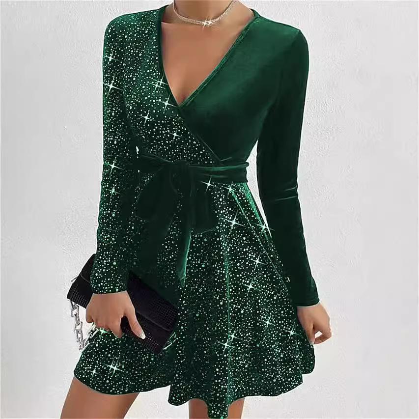 Fall Spring Women Dress V Neck Lace-up Tight Waist Sequin Decor A-line Big Hem Long Sleeves Prom Party Mini Dress