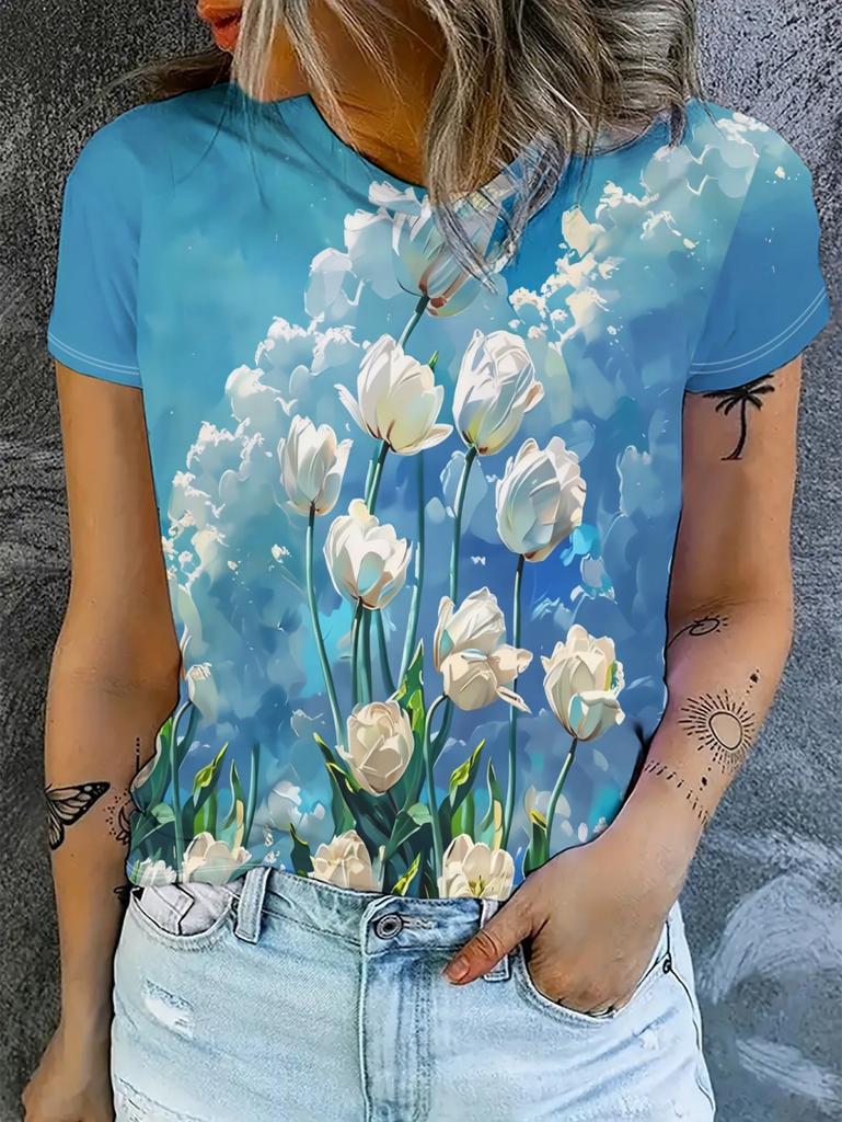 2026 New Women 3D Dandelion Graphics Print T-Shirts Fashion Casual Clothes Short Sleeves Top Summer Tees O-Neck Women's Clothing