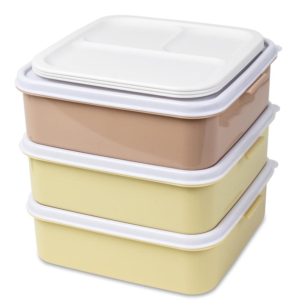 Sanko Plastic Rio Pack Bento BoxPicnic Case, 3 Tiers with 3 Side Plates, Earth Beige, Approx. 8.2" W x 7.7" D x 7.7" H