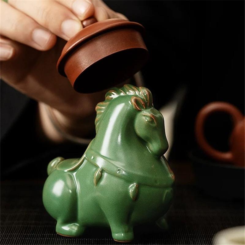 Cute Ru Kiln Ceramic Green Horse Tea Pet Tea Ornaments Chinese Tea Accessories Handcrafted Tang Horse Figurine Ceramic TeaPet