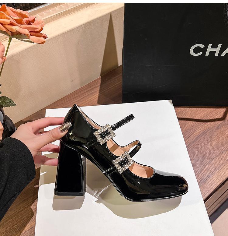 2025 New Rhinestone French Mary Jane Shoes Autumn and Winter Black High Heels Women's Thick Heels Light Mouth Small Leather Shoes Single Shoes