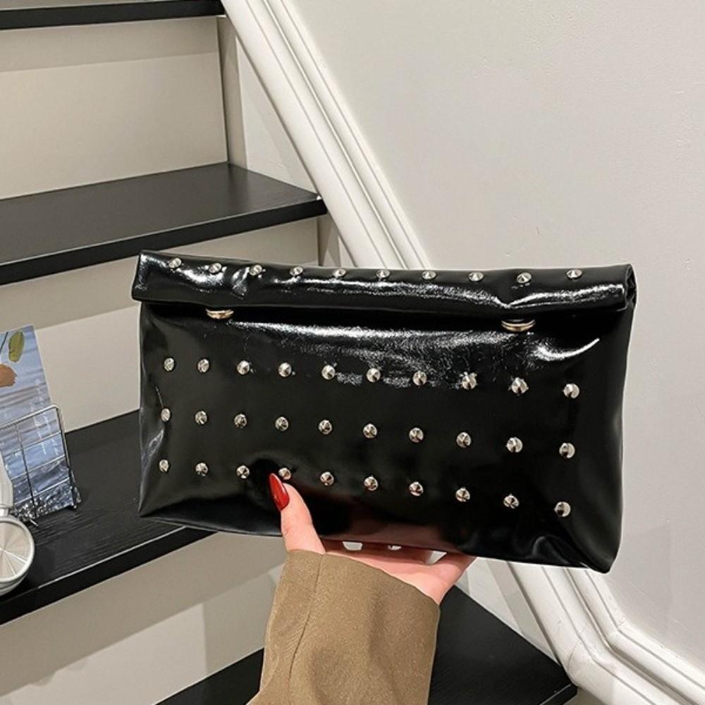 Large Capacity Rivet Envelope Clutch Bag Elegant Solid Metallic Sheen Handbag Daily