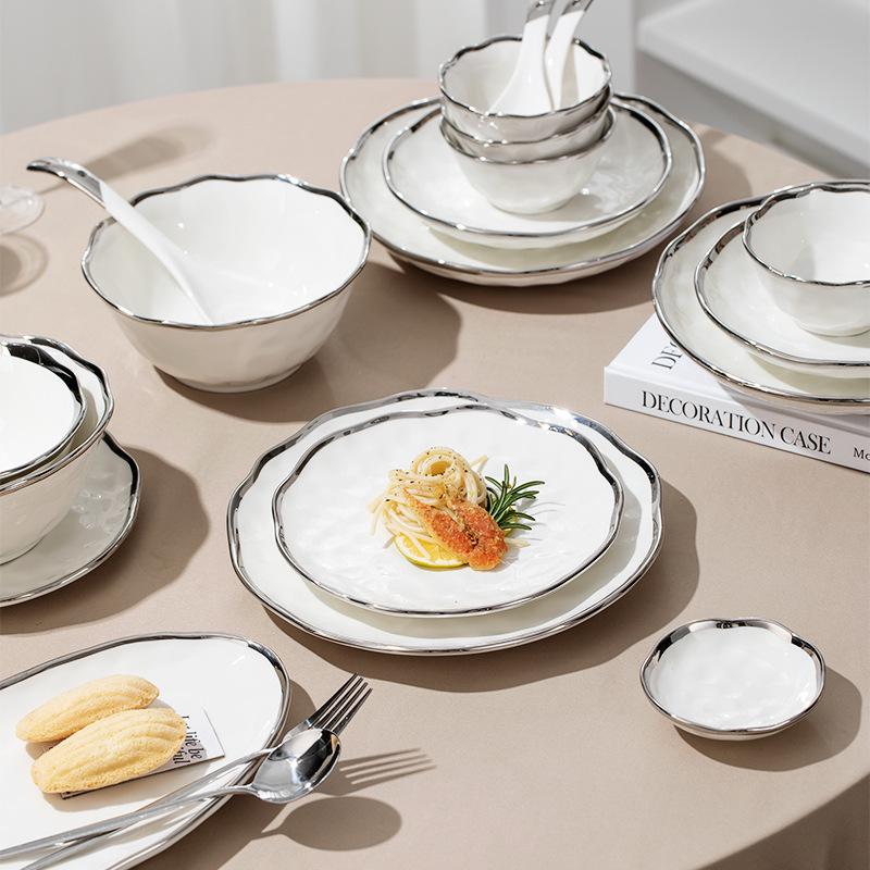 Elegant Hammered Silver Edge Ceramic Bowl & Plate Set - Perfect Housewarming Gift