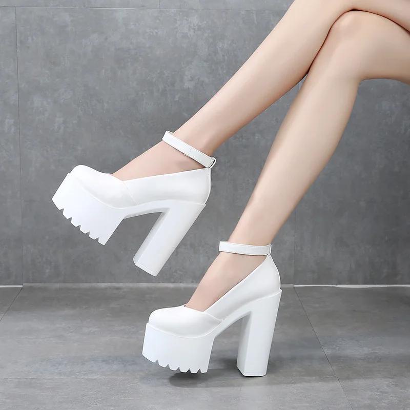 Fashion 14CM High Heels Mary Jane Shoes Platform Adjustable Strap Closed Toe Heeled Shoes Pumps Women Fashion Rhinestone Party Wedding
