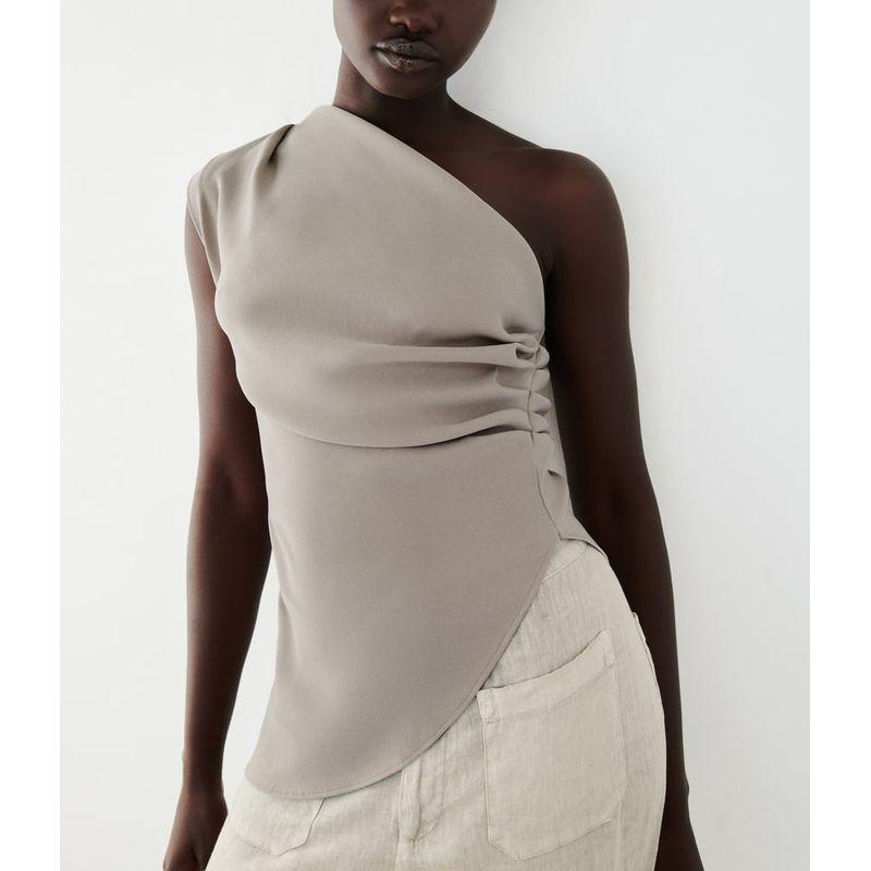 Spring New Arrival Waist-Tight Slim Looking Asymmetrical off-the-Shoulder Ruched Decoration Asymmetric Tops 0085402