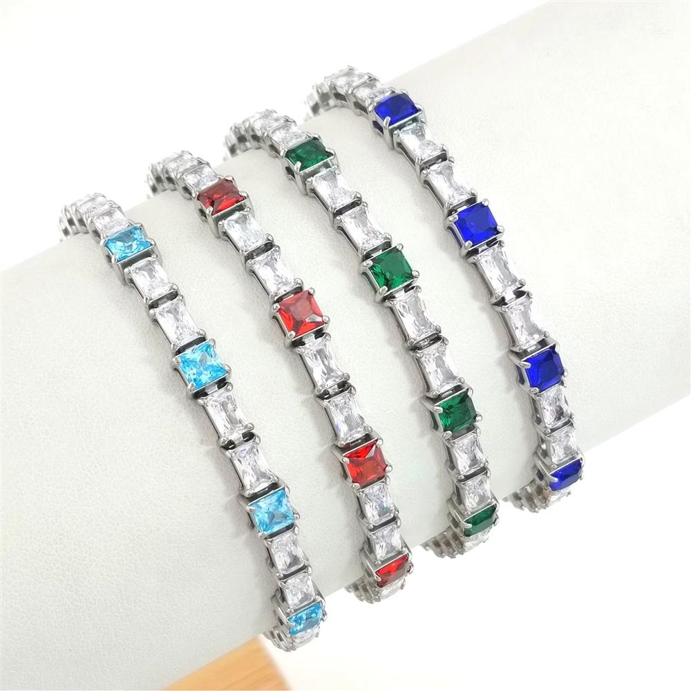 Personalized 4 Colors Available Claw Setting Rectangular and Square CZ Stainless Steel Tennis Bracelet With Extension Chain