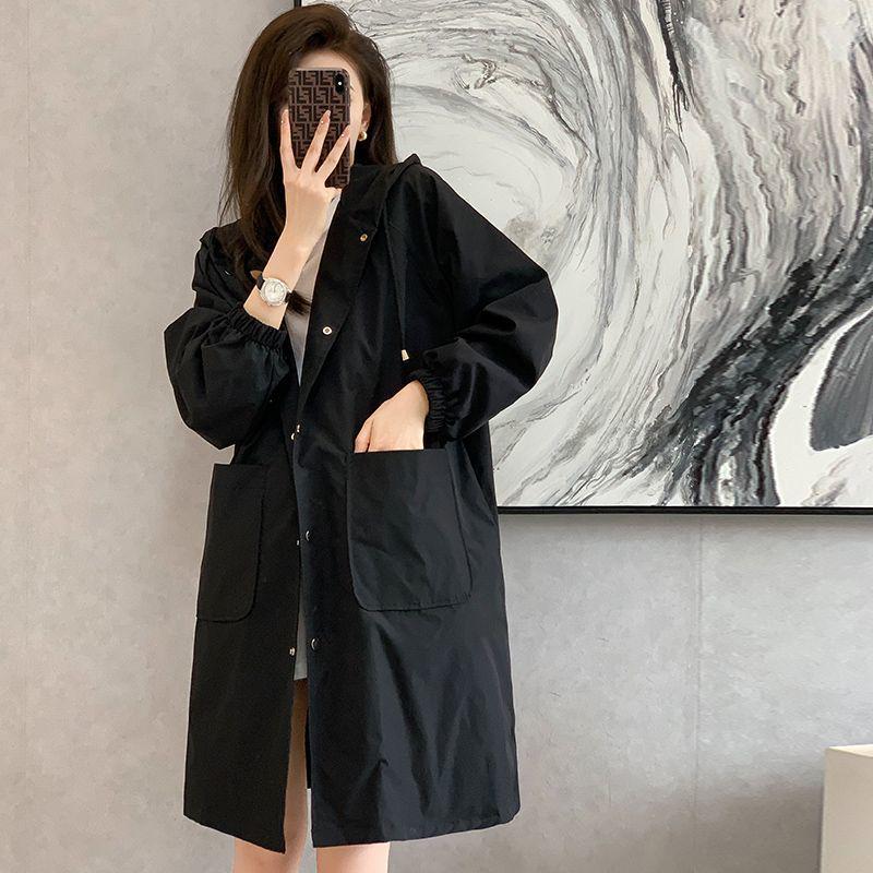 Women's Mid-Length Hooded Trench Coat - 2025 Autumn Korean Style, Loose Fit, Casual, Plus Size.