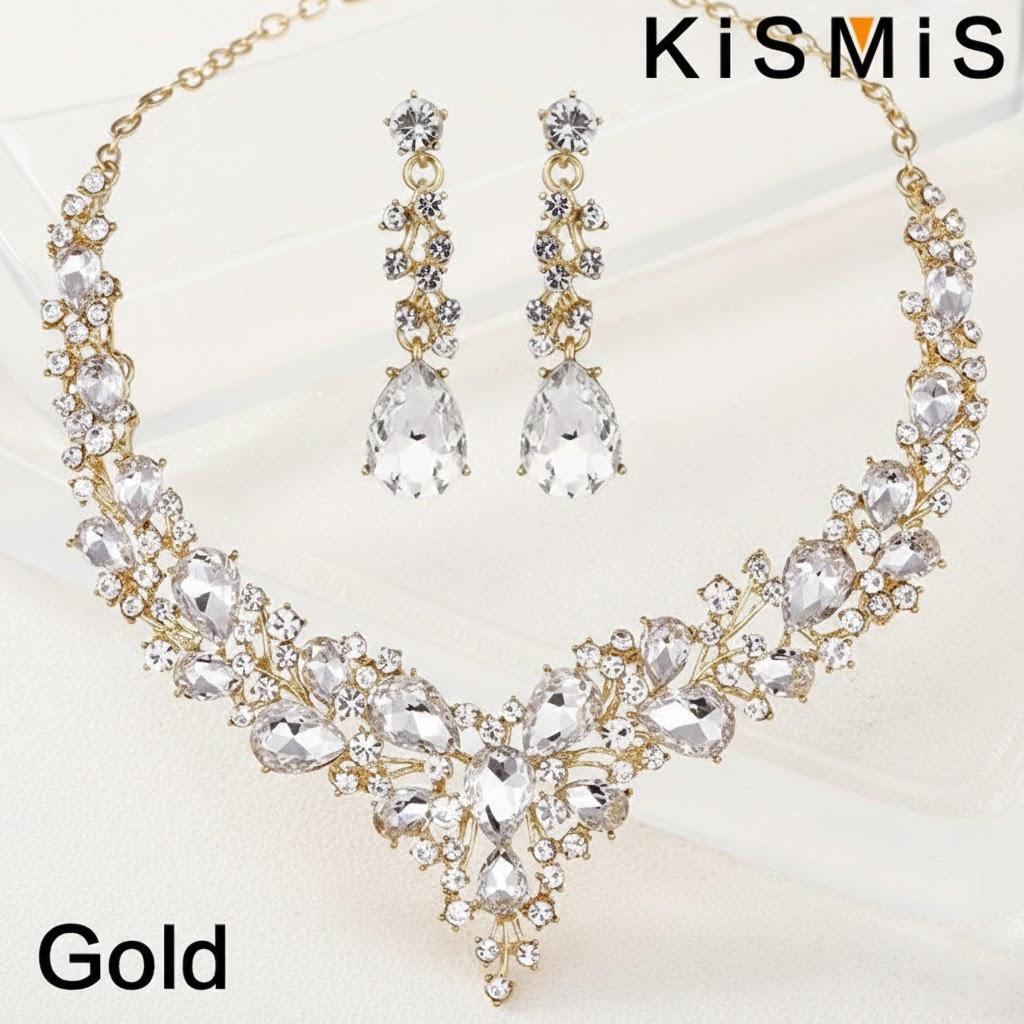 

Elegant Bridal Crystal Rhinestone Necklace Earrings Set Wedding Valentine Gift Teardrop Dangle Statement Jewelry Set золотой