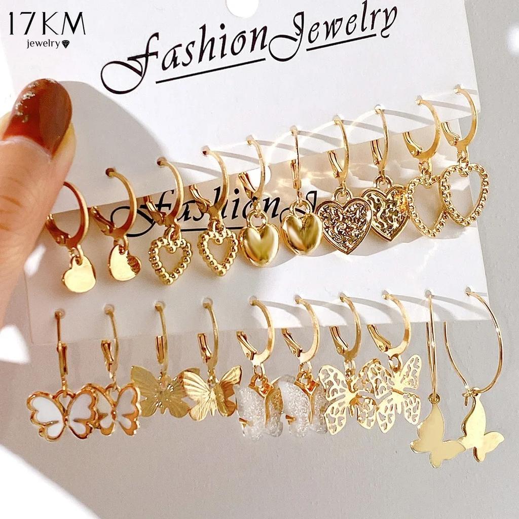 17KM Vintage geometriske bøyle øredobber sett for kvinner Bohemske kunstige perler Sirkel gullfarge metall øredobber Punk motesmykker gave 2024