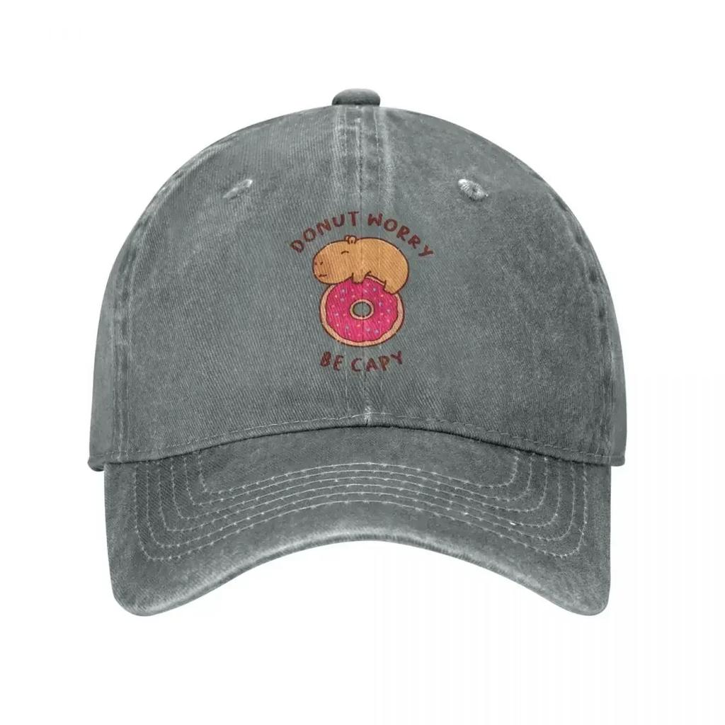 Capybara On A Donut Unisex Baseball Cap Don't Worry Be Happy Distressed Denim Washed Caps Hat Vintage Workouts Snapback Cap