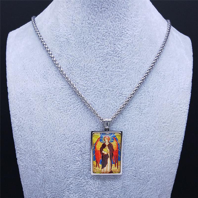 Archangel Saint Uriel Judaism Glass Stainless Steel Chain Necklace Silver Color Geometry Pendant Jewelry collier chaine NXS02