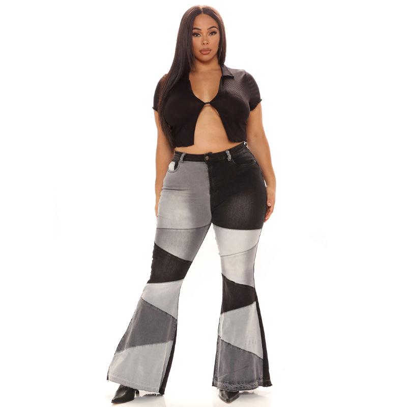 Spring and Autumn Women's Plus Size Jeans Wide Leg Jeans Fashion Splicing Pant