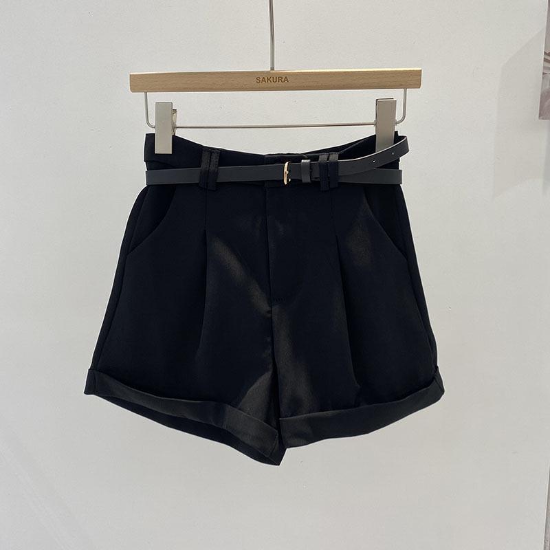 

Жіночі літні шорти від костюма хакі високого класу 2024: Корейський стиль, Повсякденний, Приталений, З манжетами, З високою посадкою, Широкі штани. S