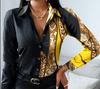 Women Long Sleeve V Neck Blouse Color Block Vintage Style Button Down Shirt Casual Office Wear
