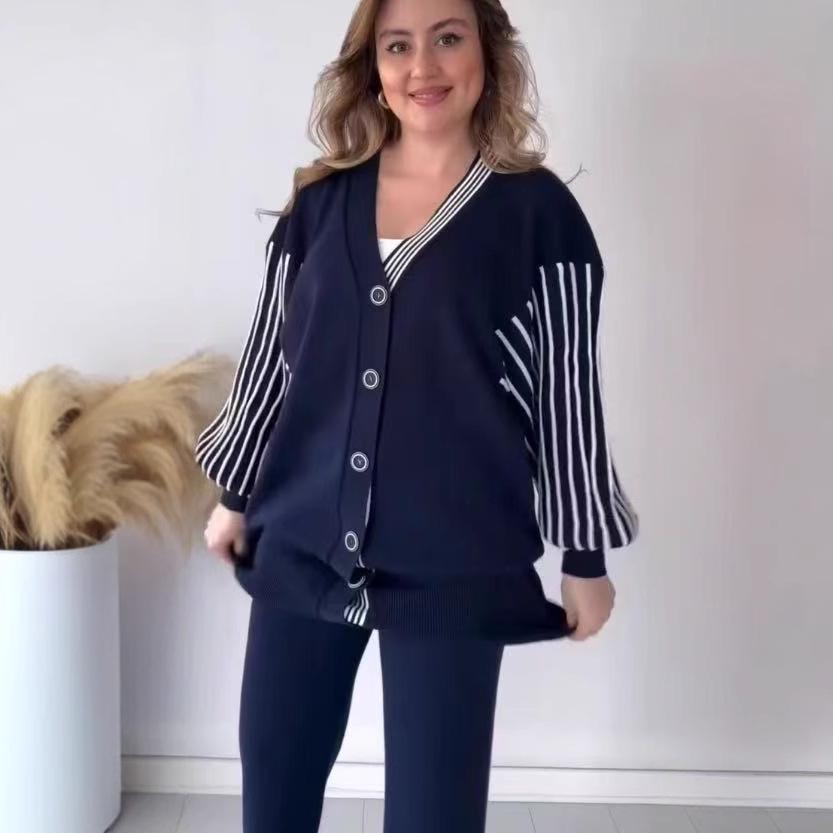 In Stock 2025 Autumn/Winter European & American Fashion Striped Casual Lazy Style Set