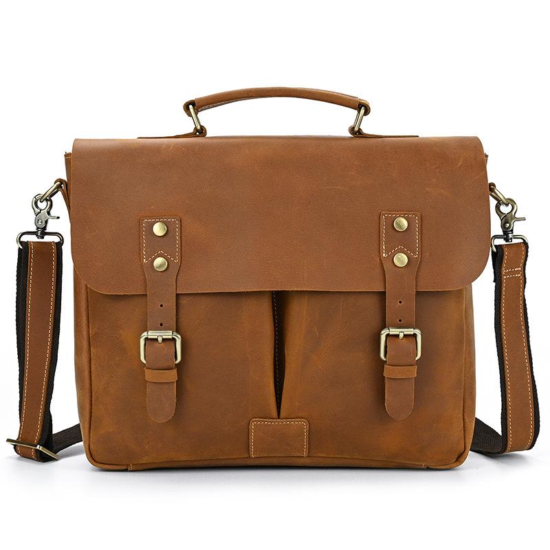 Men'S Crazy Horse Leather Handbag Flip Briefcase One Shoulder Crossbody Bag First Layer Cowhide Computer Bag Commuter
