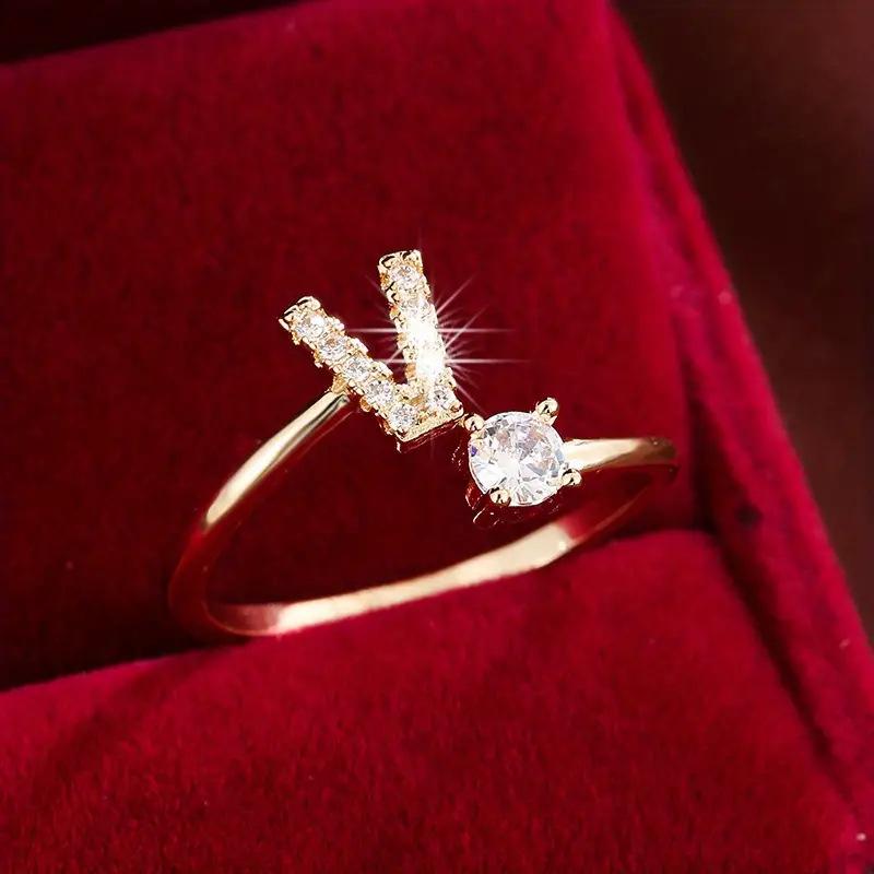 26 English Letter Micro-set Zircon Fashion Women's Ring, Copper-plated 14K Open Plain Ring