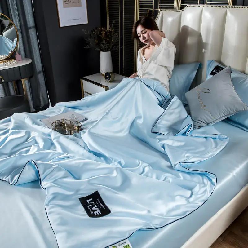 Couette d'été fraîche en soie lavée avec climatisation, couette d'été de couleur unie pour une personne et deux personnes