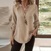Women's Fashion Nine-minute Sleeve Cotton Linen Solid Colour Casual V-Neck Pocket Blouse Top