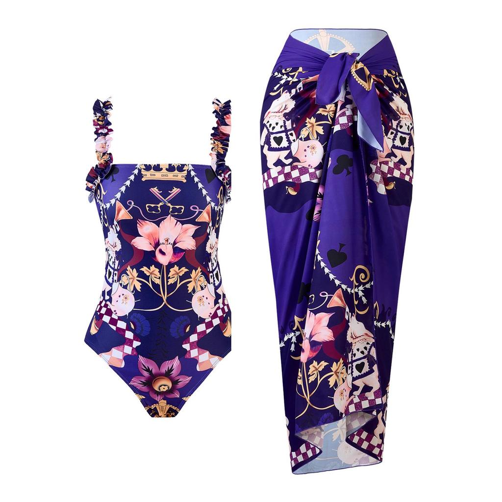 European & American One-Shoulder Split Swimsuit with Chiffon Skirt Set